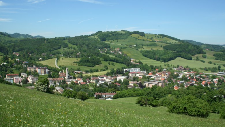 Marktgemeinde Traisen, © zVg Marktgemeinde Traisen Panoramablick auf die Marktgemeinde Traisen mit grünen Hügeln und Windrädern im Hintergrund.