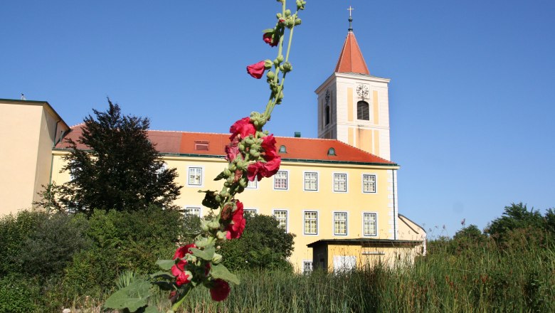 St. Andrä, © Hans Kopitz Kirche St. Andrä mit rotem Blumentrieb im Vordergrund.