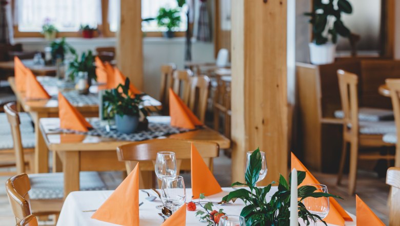 Gemütlicher Genussraum, © Niederösterreich Werbung/ David Schreiber Ein festlich gedeckter Tisch in einem Restaurant mit orangefarbenen Servietten und Pflanzen als Dekoration.