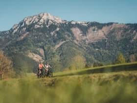 Zwei Radfahrerinnen auf dem Traisental-Radweg, Bergpanorama im Hintergrund.