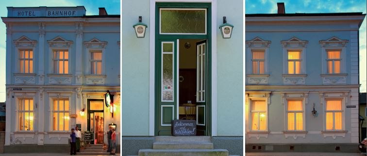 Dreiteiliges Bild eines historischen Geb&auml;udes mit der Aufschrift 'Hotel Bahnhof'.