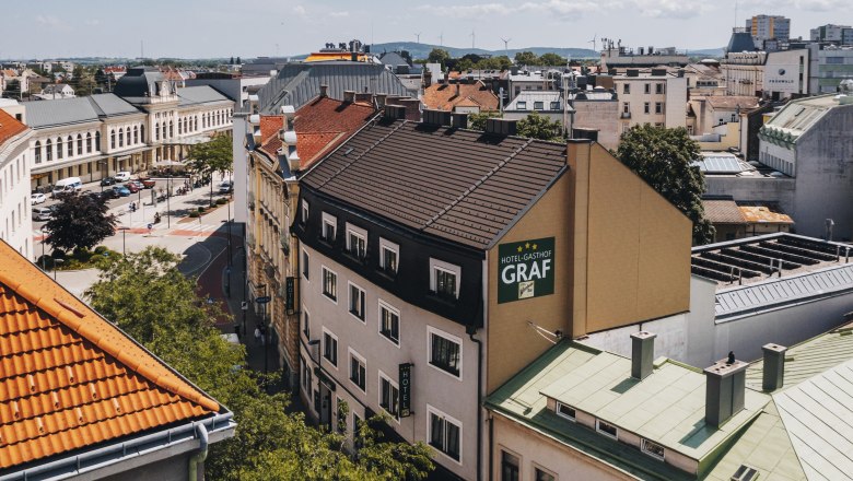 Luftaufnahme eines Hotel-Gasthofs in St. Pölten mit umliegenden Gebäuden und Straßen.