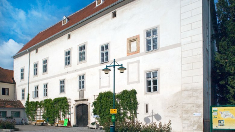 Schloss Traismauer mit weißer Fassade und roten Dachziegeln, umgeben von Pflanzen und einem gepflasterten Vorplatz.